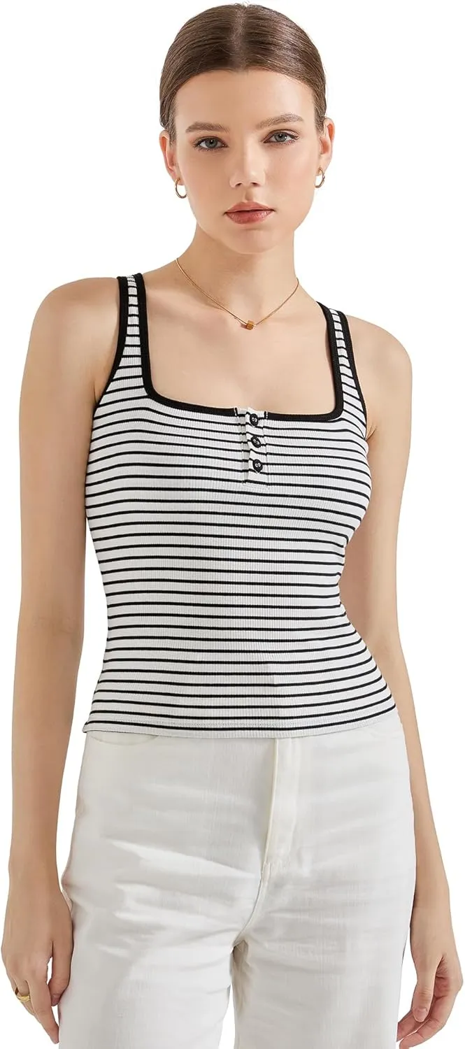 SUUKSESS Women Built in Bra Sexy Ribbed Square Neck Tank Tops Summer Cotton Sleeveless Crop Going Out Cami