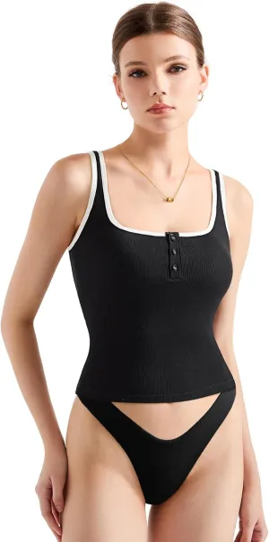 SUUKSESS Women Built in Bra Sexy Ribbed Square Neck Tank Tops Summer Cotton Sleeveless Crop Going Out Cami