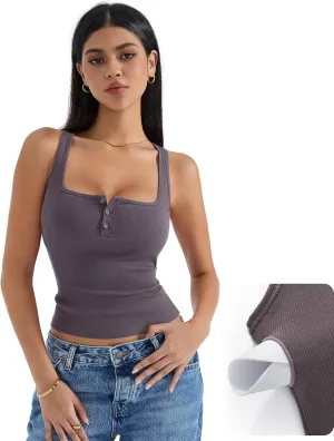 SUUKSESS Women Built in Bra Sexy Ribbed Square Neck Tank Tops Summer Cotton Sleeveless Crop Going Out Cami