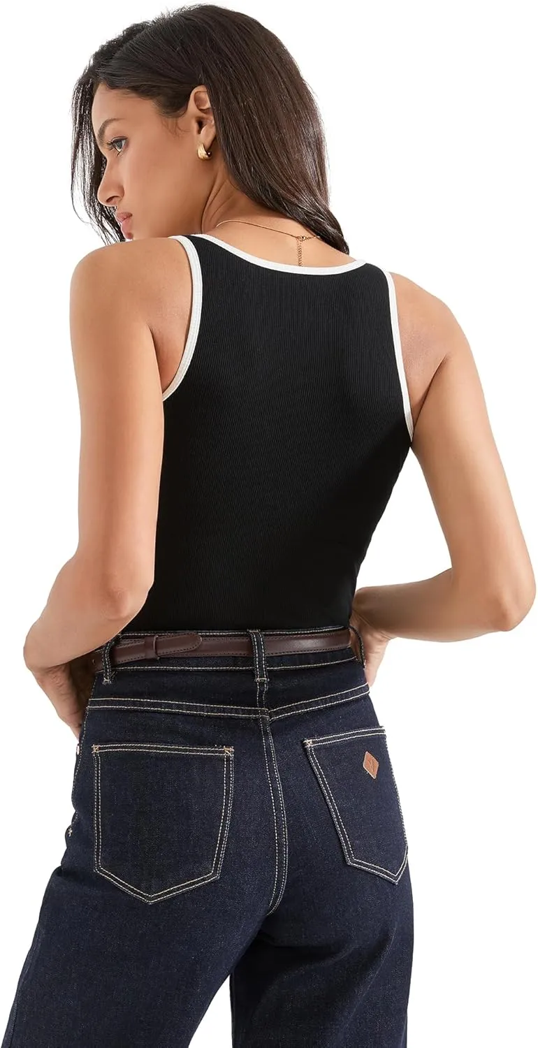 SUUKSESS Women Built in Bra Sexy Ribbed Square Neck Tank Tops Summer Cotton Sleeveless Crop Going Out Cami