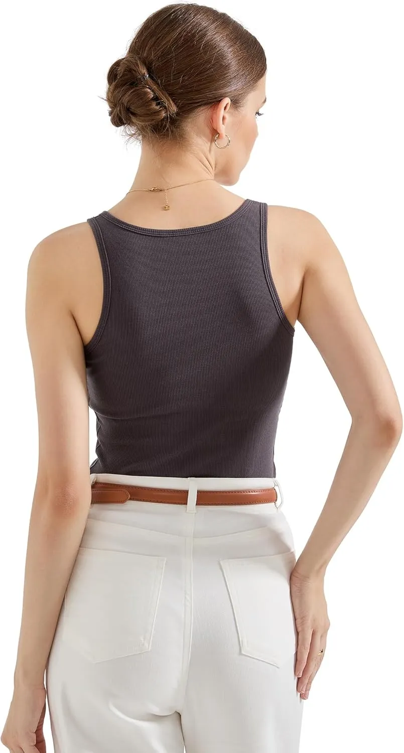 SUUKSESS Women Built in Bra Sexy Ribbed Square Neck Tank Tops Summer Cotton Sleeveless Crop Going Out Cami