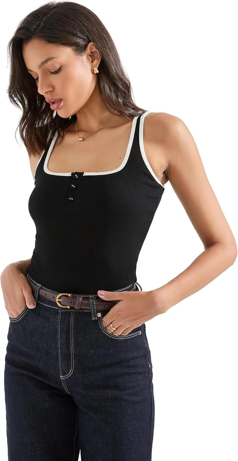 SUUKSESS Women Built in Bra Sexy Ribbed Square Neck Tank Tops Summer Cotton Sleeveless Crop Going Out Cami
