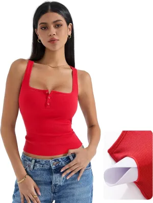 SUUKSESS Women Sexy Ribbed Square Neck Tank Tops with Built in Bra Summer Cotton Sleeveless Crop Going Out Cami