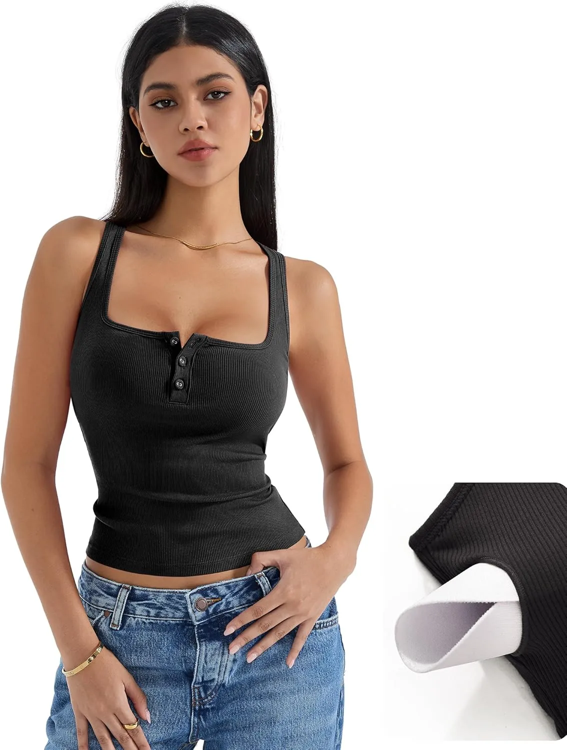 SUUKSESS Women Sexy Ribbed Square Neck Tank Tops with Built in Bra Summer Cotton Sleeveless Crop Going Out Cami