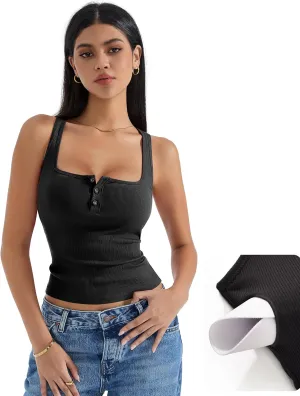SUUKSESS Women Sexy Ribbed Square Neck Tank Tops with Built in Bra Summer Cotton Sleeveless Crop Going Out Cami