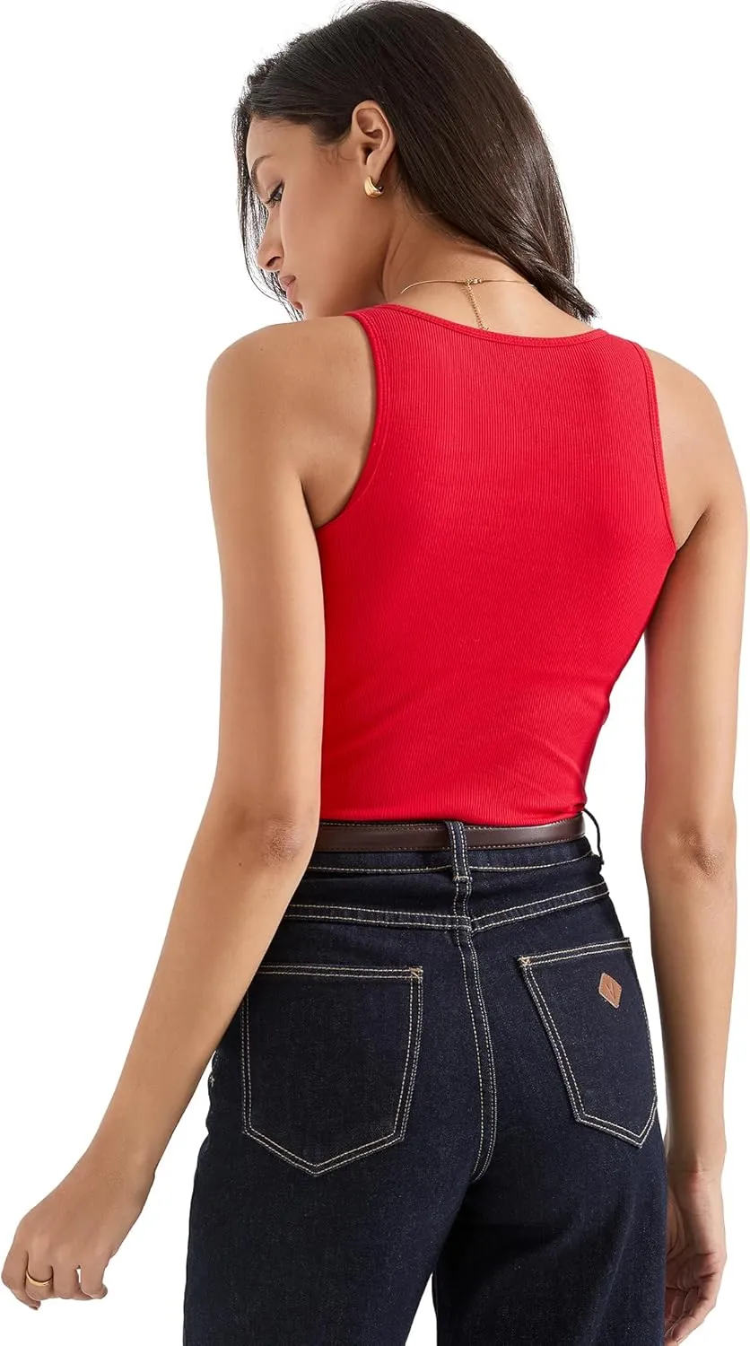 SUUKSESS Women Sexy Ribbed Square Neck Tank Tops with Built in Bra Summer Cotton Sleeveless Crop Going Out Cami