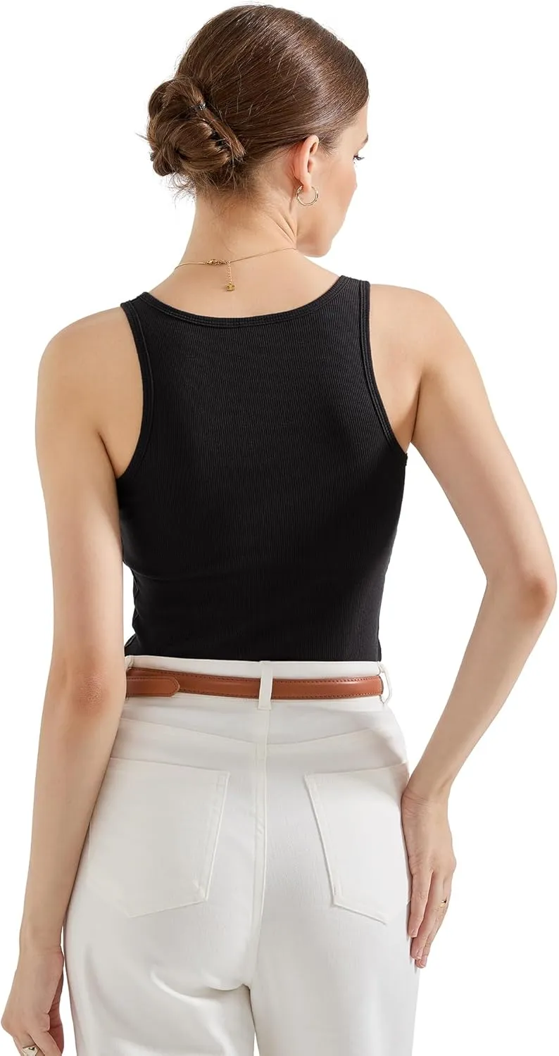 SUUKSESS Women Sexy Ribbed Square Neck Tank Tops with Built in Bra Summer Cotton Sleeveless Crop Going Out Cami