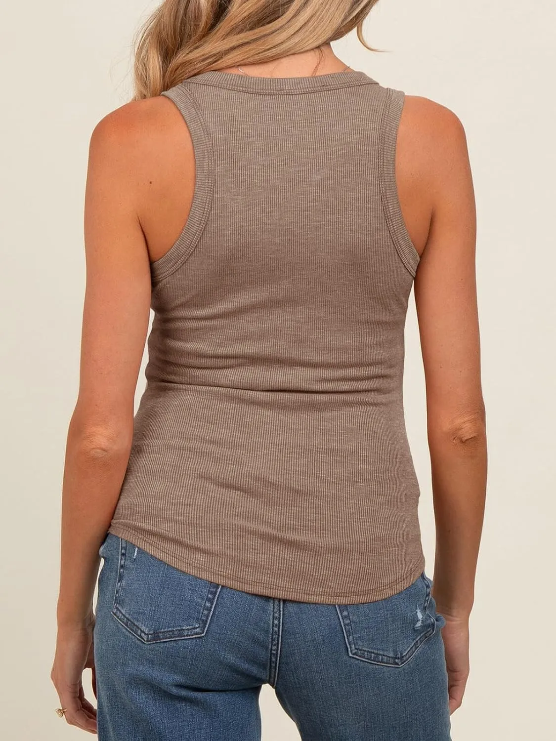 Tankaneo Womens Maternity Tank Tops Sleeveless V Neck Ribbed Knit Shirts Fitted Summer Casual Curved Hem Pregnancy Clothes