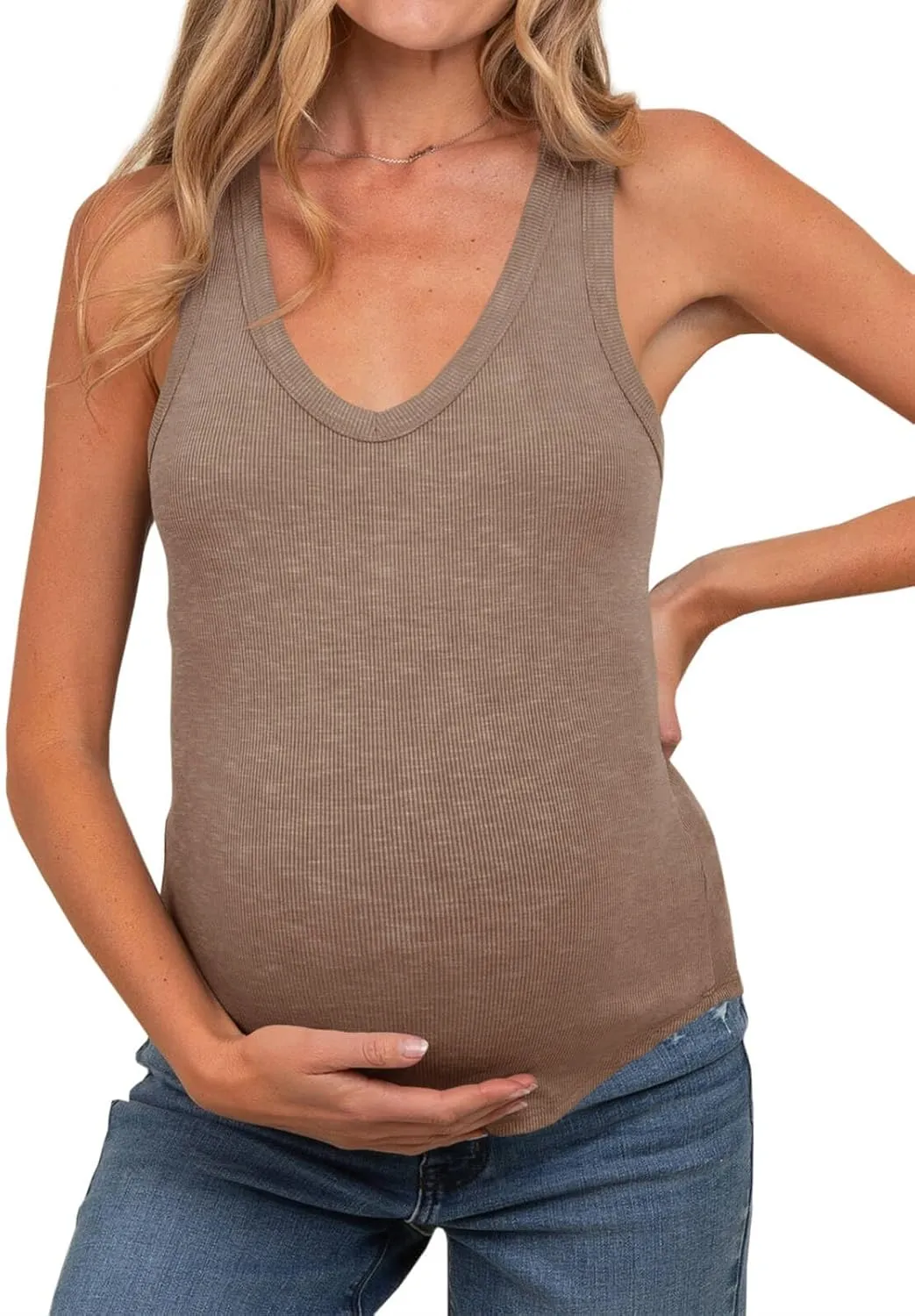 Tankaneo Womens Maternity Tank Tops Sleeveless V Neck Ribbed Knit Shirts Fitted Summer Casual Curved Hem Pregnancy Clothes