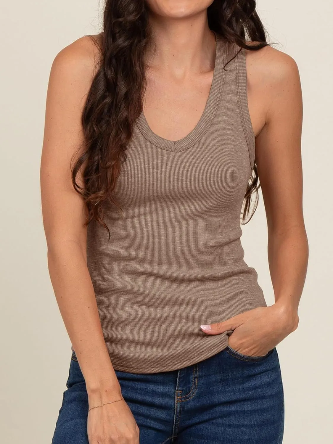 Tankaneo Womens Maternity Tank Tops Sleeveless V Neck Ribbed Knit Shirts Fitted Summer Casual Curved Hem Pregnancy Clothes
