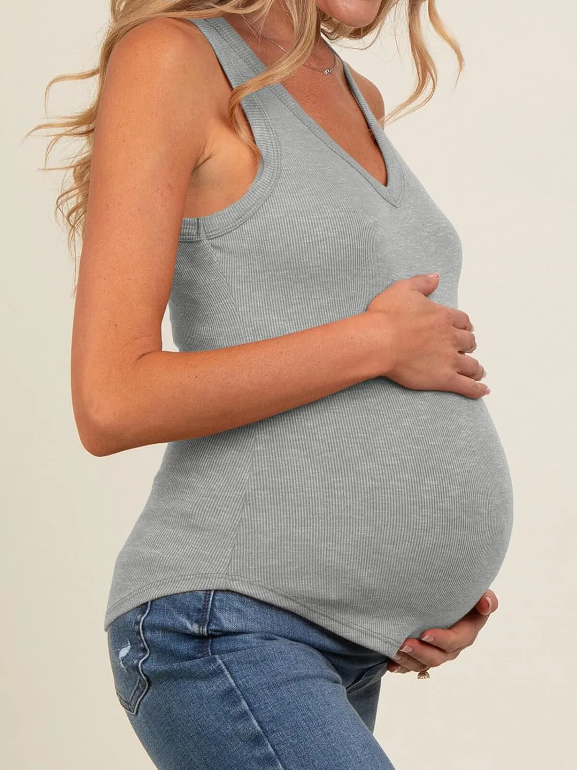 Tankaneo Womens Maternity Tank Tops Sleeveless V Neck Ribbed Knit Shirts Fitted Summer Casual Curved Hem Pregnancy Clothes