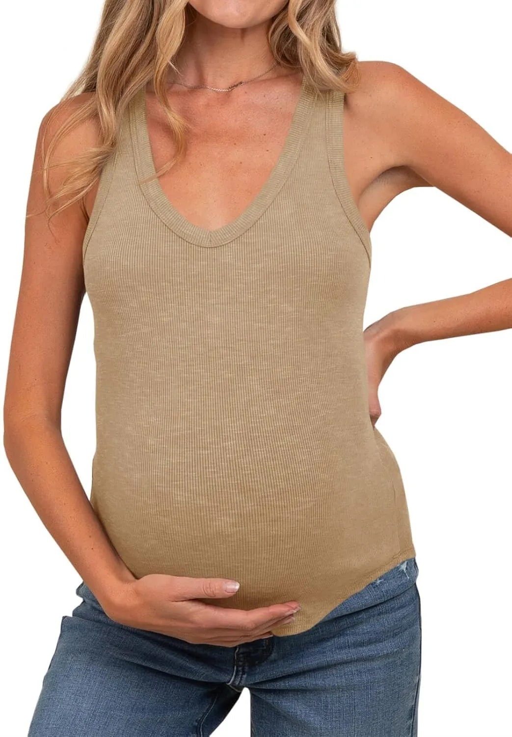 Tankaneo Womens Maternity Tank Tops Sleeveless V Neck Ribbed Knit Shirts Fitted Summer Casual Curved Hem Pregnancy Clothes