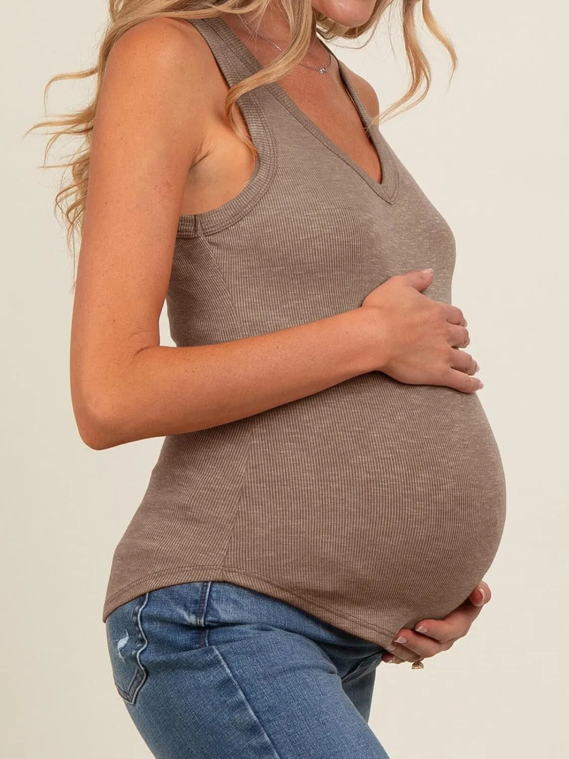 Tankaneo Womens Maternity Tank Tops Sleeveless V Neck Ribbed Knit Shirts Fitted Summer Casual Curved Hem Pregnancy Clothes