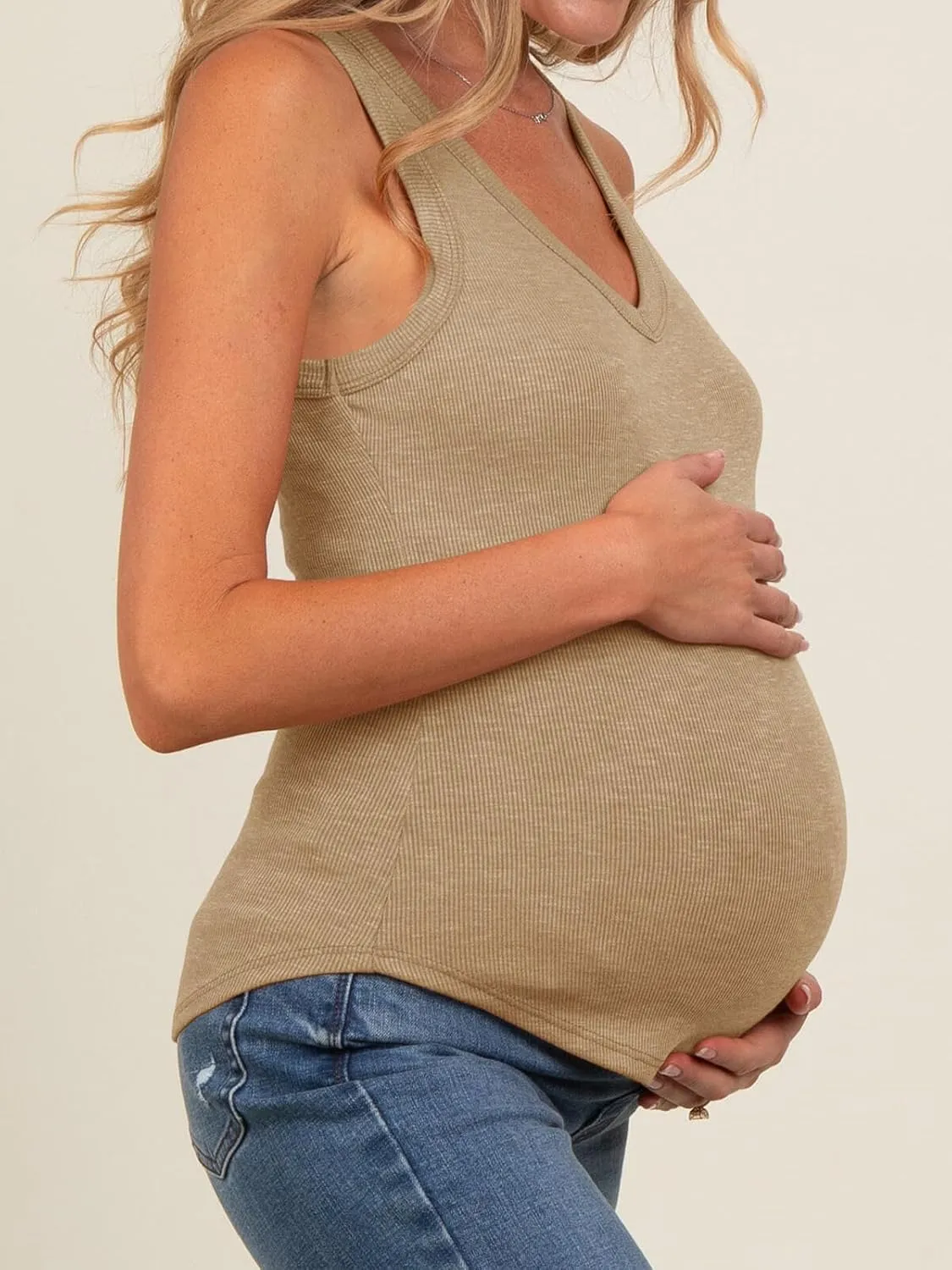Tankaneo Womens Maternity Tank Tops Sleeveless V Neck Ribbed Knit Shirts Fitted Summer Casual Curved Hem Pregnancy Clothes