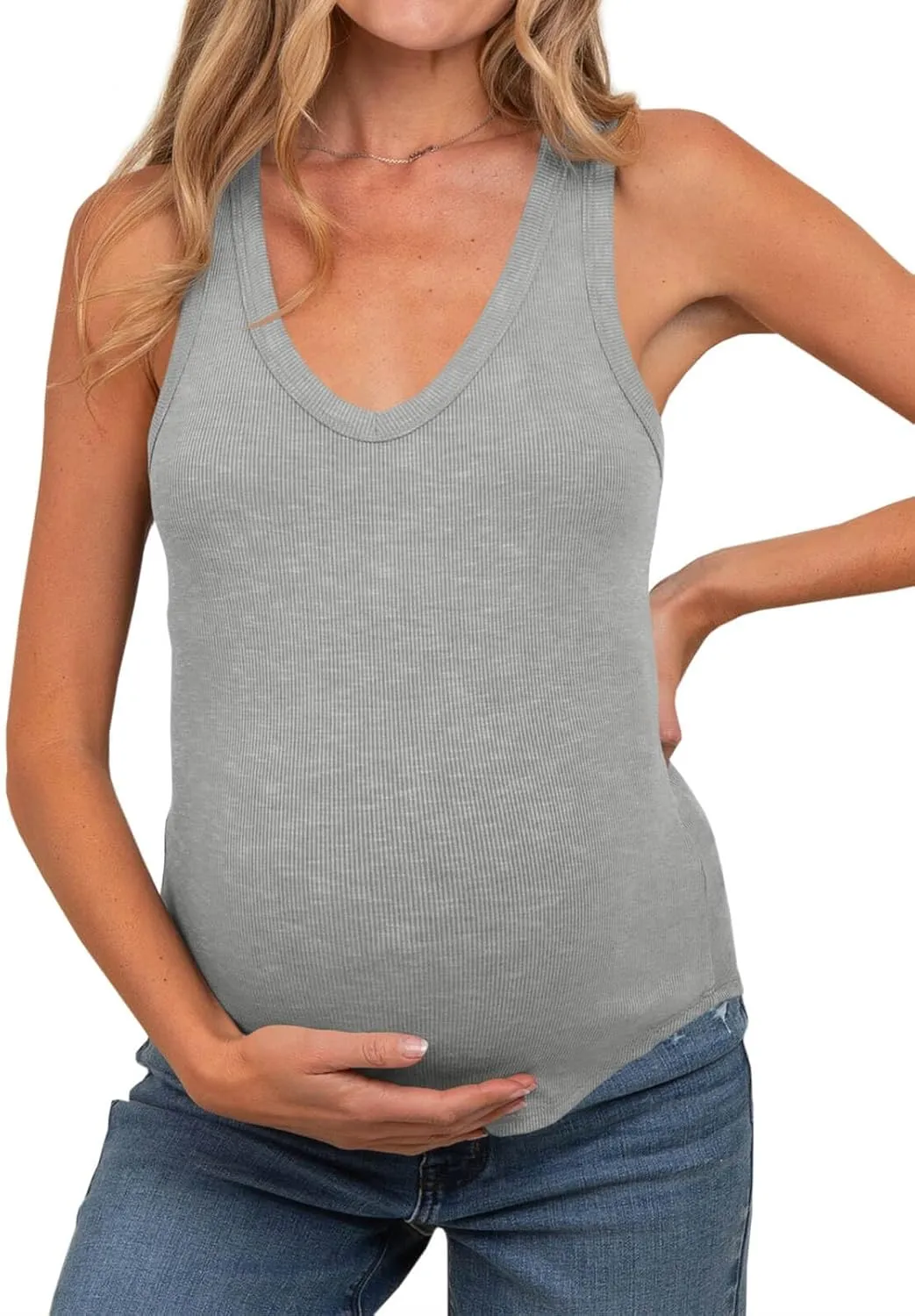 Tankaneo Womens Maternity Tank Tops Sleeveless V Neck Ribbed Knit Shirts Fitted Summer Casual Curved Hem Pregnancy Clothes