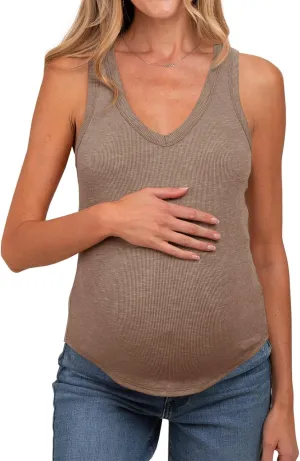 Tankaneo Womens Maternity Tank Tops Sleeveless V Neck Ribbed Knit Shirts Fitted Summer Casual Curved Hem Pregnancy Clothes