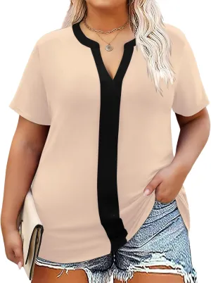 TFSDOD Plus Size Tops for Women V Neck Short Sleeve Casual Shirts Summer 2025