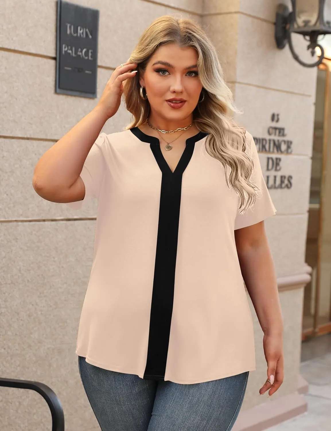 TFSDOD Plus Size Tops for Women V Neck Short Sleeve Casual Shirts Summer 2025