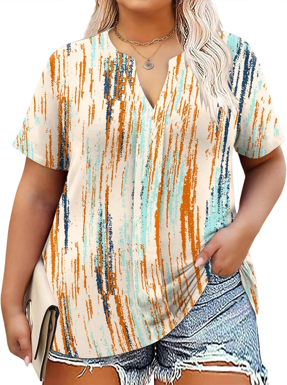TFSDOD Plus Size Tops for Women V Neck Short Sleeve Casual Shirts Summer 2025