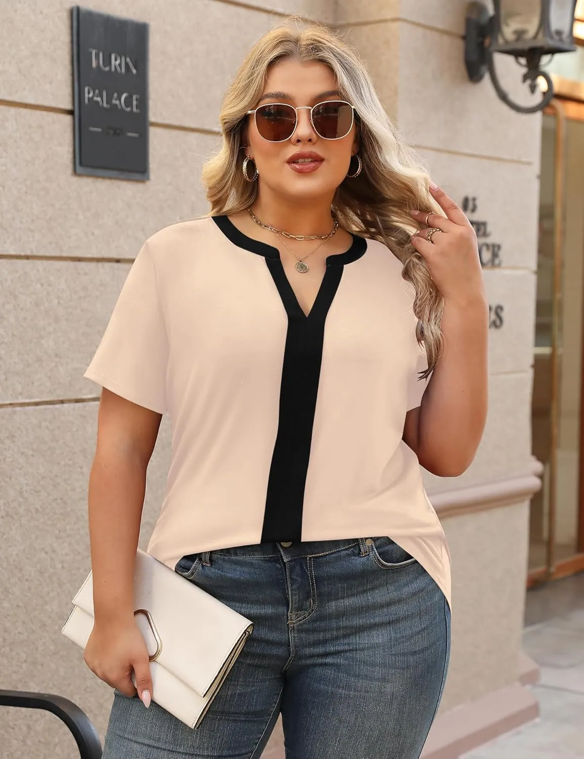 TFSDOD Plus Size Tops for Women V Neck Short Sleeve Casual Shirts Summer 2025