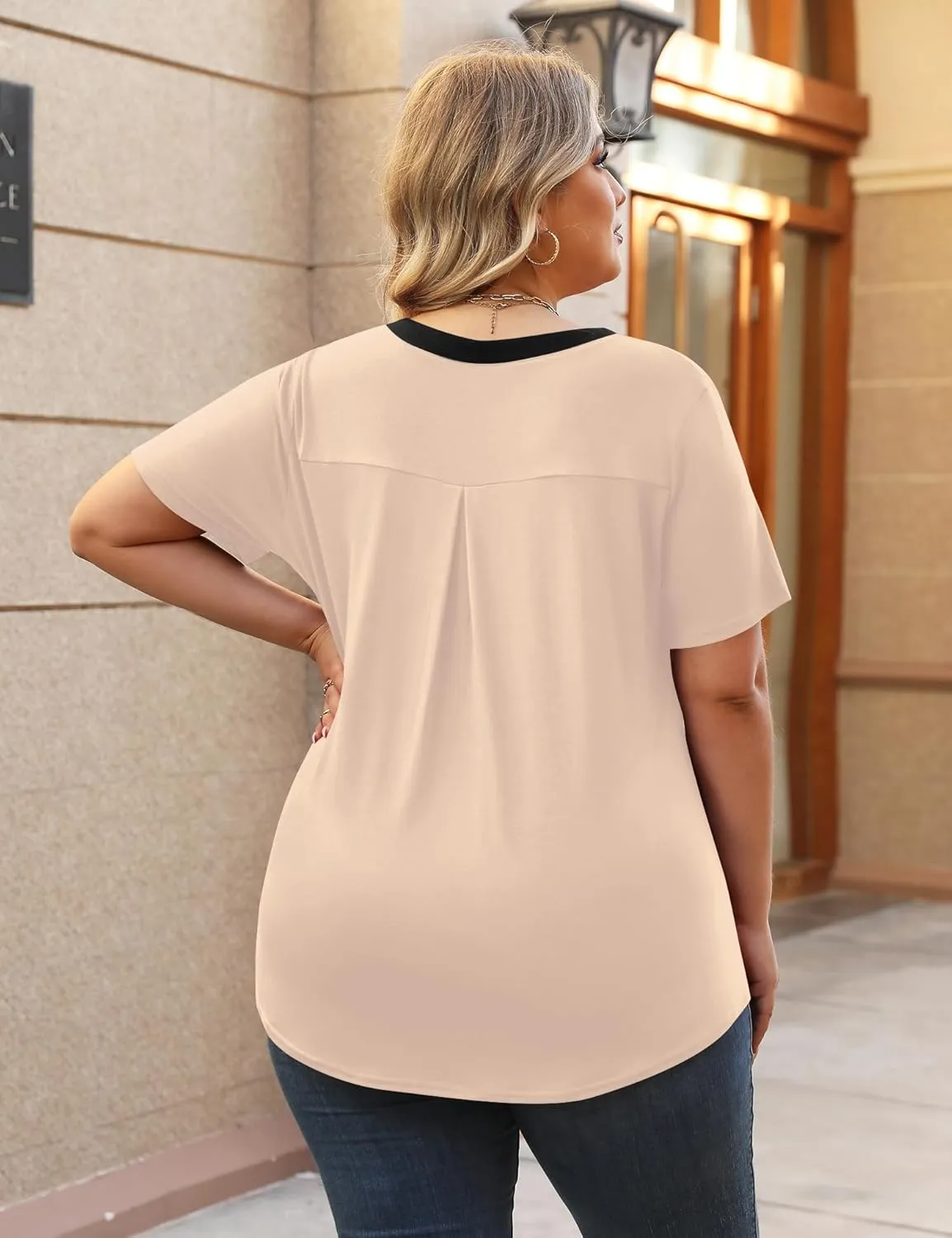 TFSDOD Plus Size Tops for Women V Neck Short Sleeve Casual Shirts Summer 2025