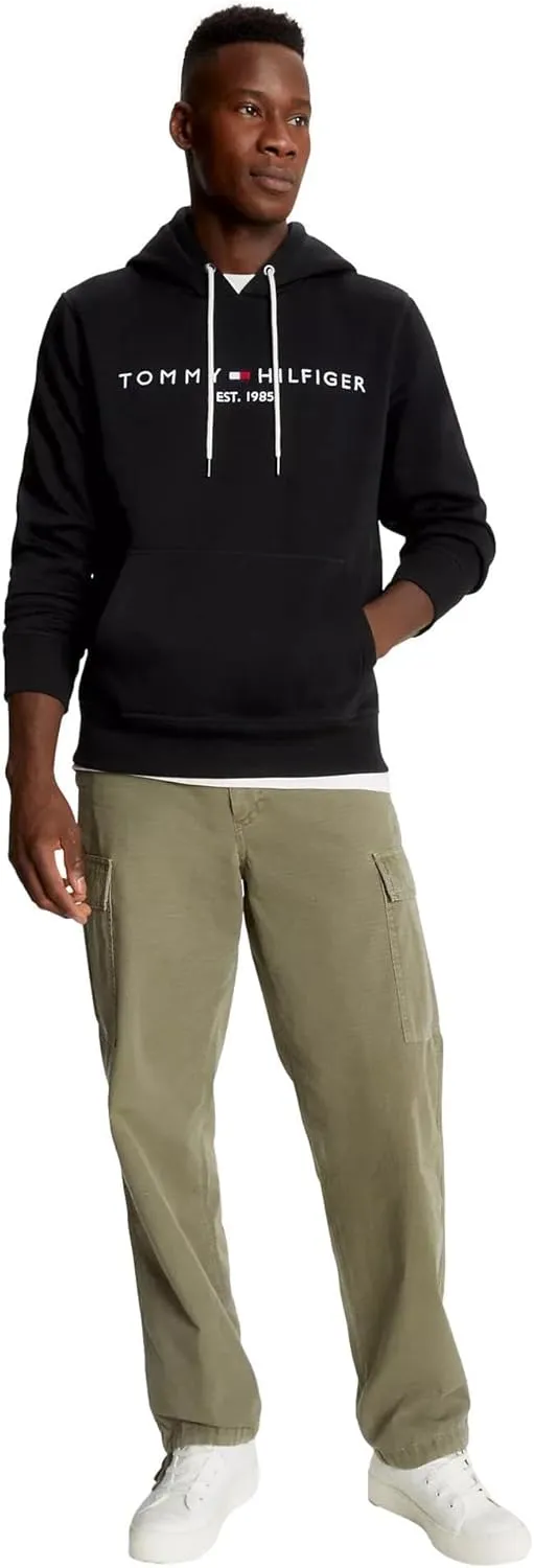 TOMMY HILFIGER Men's Iconic Fleece Embroidered Tommy Logo Pullover Hoodie Sweatshirt Collection 2024, Medium, Black