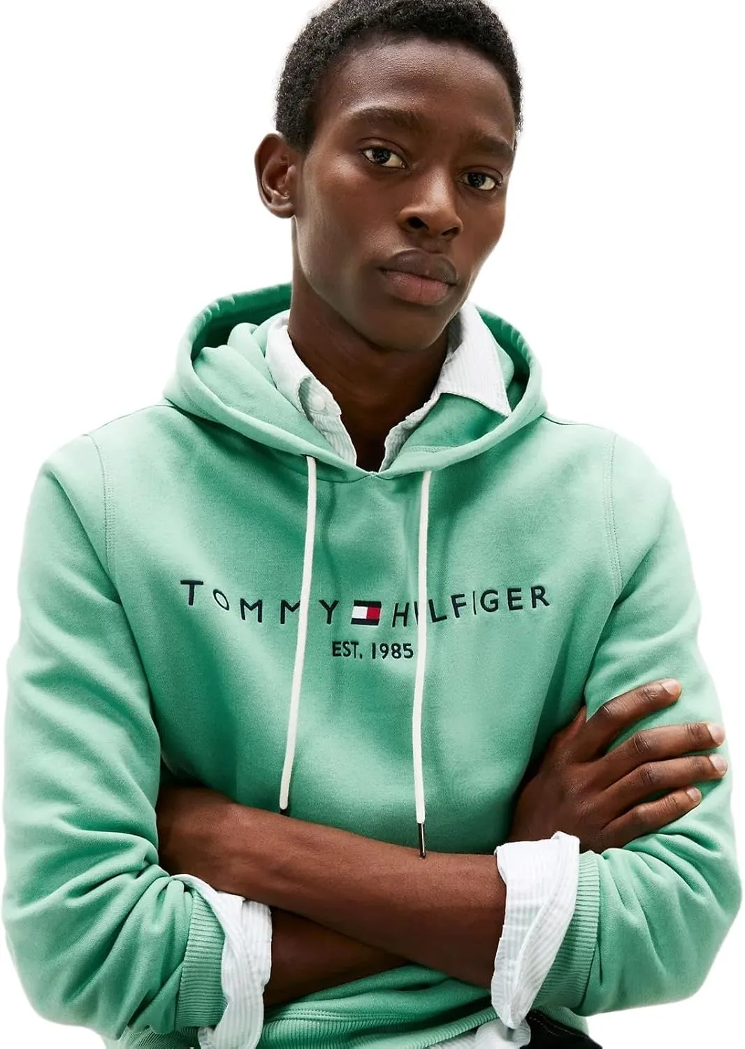 TOMMY HILFIGER Men's Iconic Fleece Embroidered Tommy Logo Pullover Hoodie Sweatshirt Collection 2024, Medium, Black