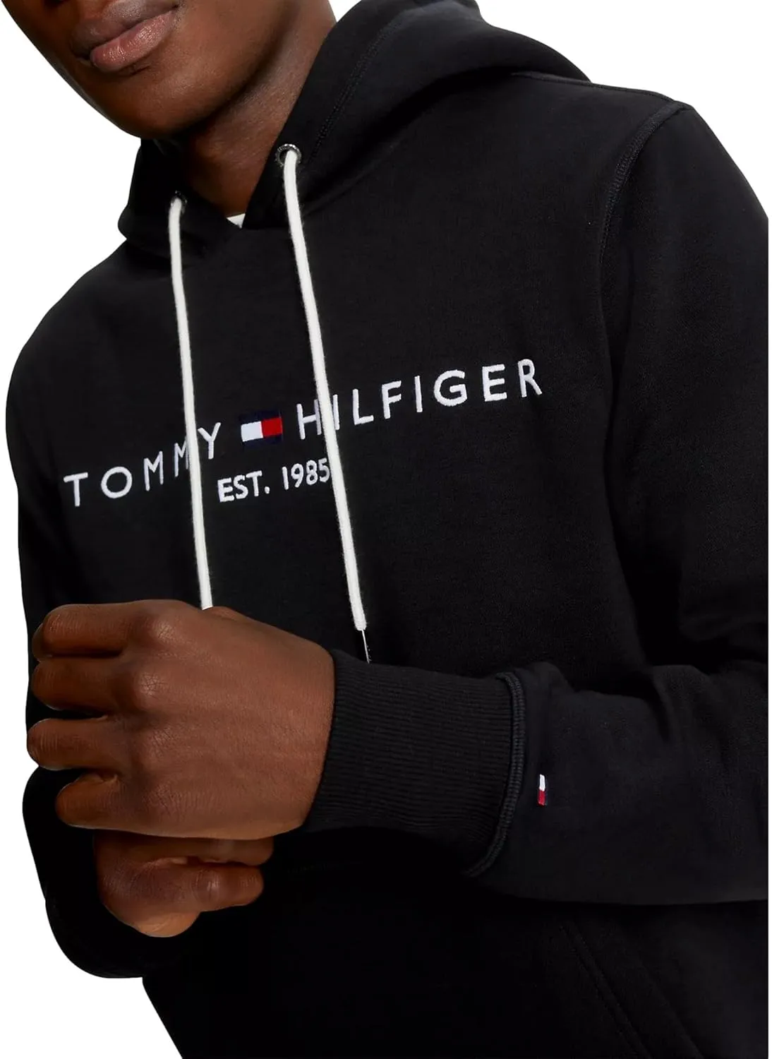 TOMMY HILFIGER Men's Iconic Fleece Embroidered Tommy Logo Pullover Hoodie Sweatshirt Collection 2024, Medium, Black
