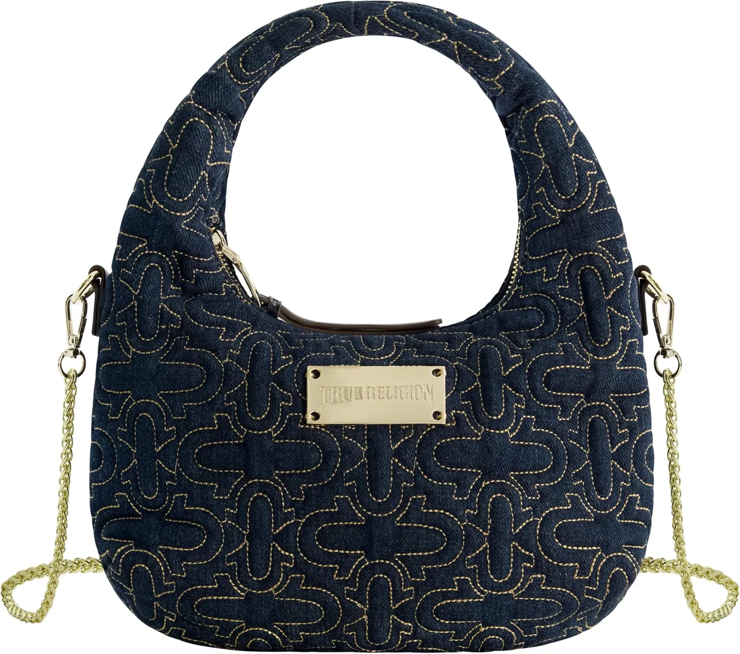 True Religion Hobo Bag, Women's Quilted Denim Handbag with Adjustable Shoulder Strap