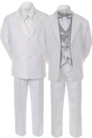 Unotux 7pcs Boys White Suits Tuxedo with Satin Silver Bow Tie Vest Set (8)