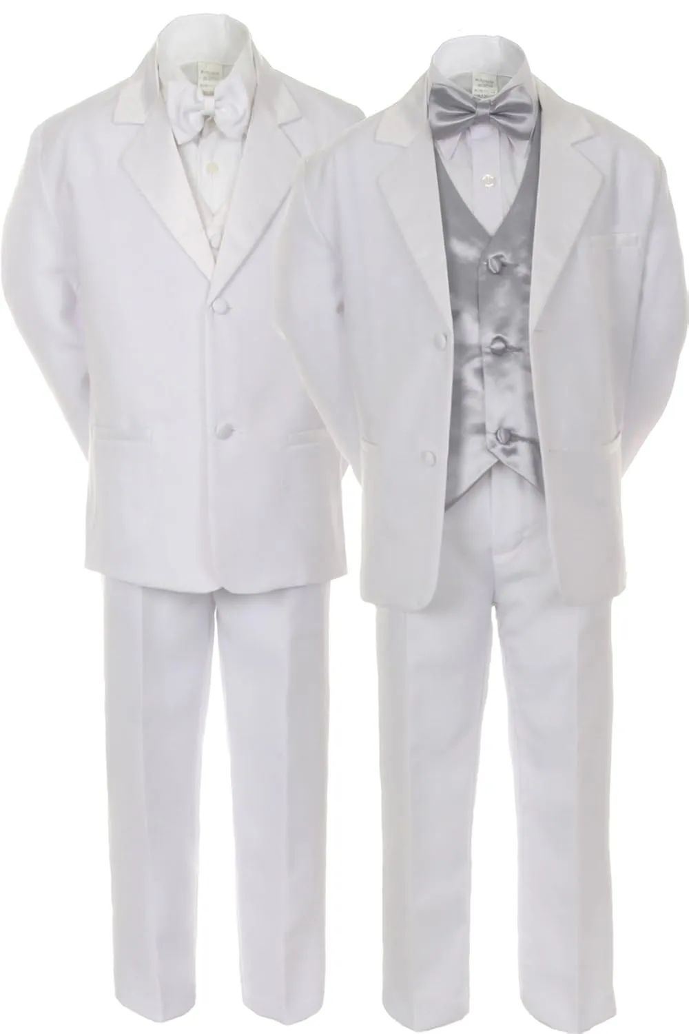 Unotux 7pcs Boys White Suits Tuxedo with Satin Silver Bow Tie Vest Set (8)