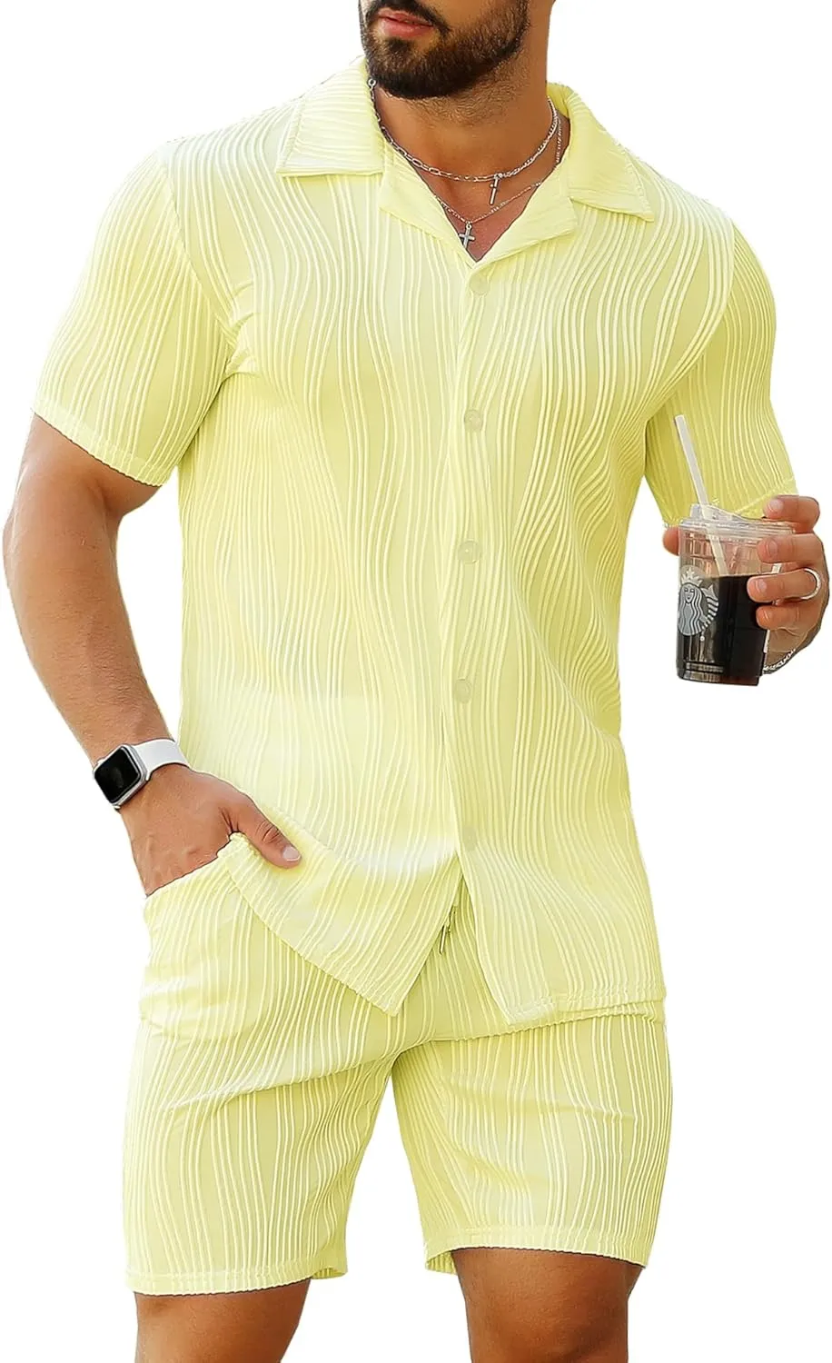 URRU Men's 2 Piece Outfits Short Sleeve Casual Button Down Shirt and Shorts Set