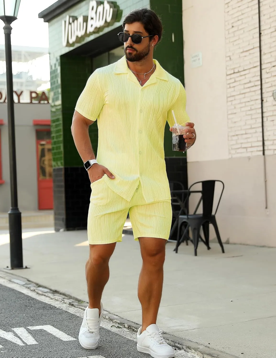 URRU Men's 2 Piece Outfits Short Sleeve Casual Button Down Shirt and Shorts Set