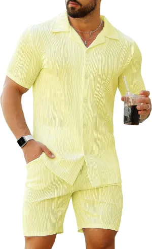 URRU Men's 2 Piece Outfits Short Sleeve Casual Button Down Shirt and Shorts Set