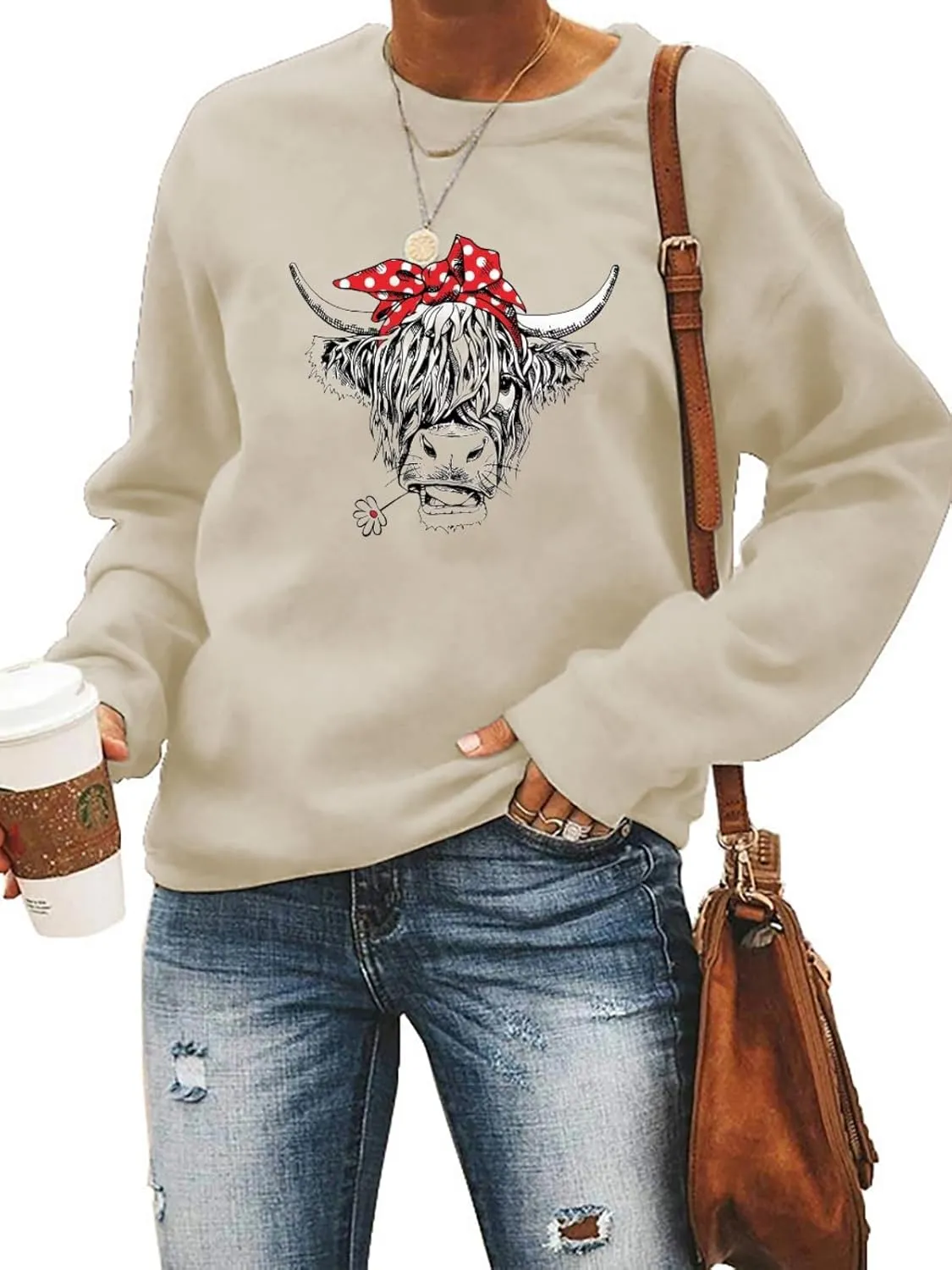 Women Cow Sweatshirt Funny Animal Graphic Long Sleeve Top Farm Life Pullover Western Cowgirl Casual Shirts