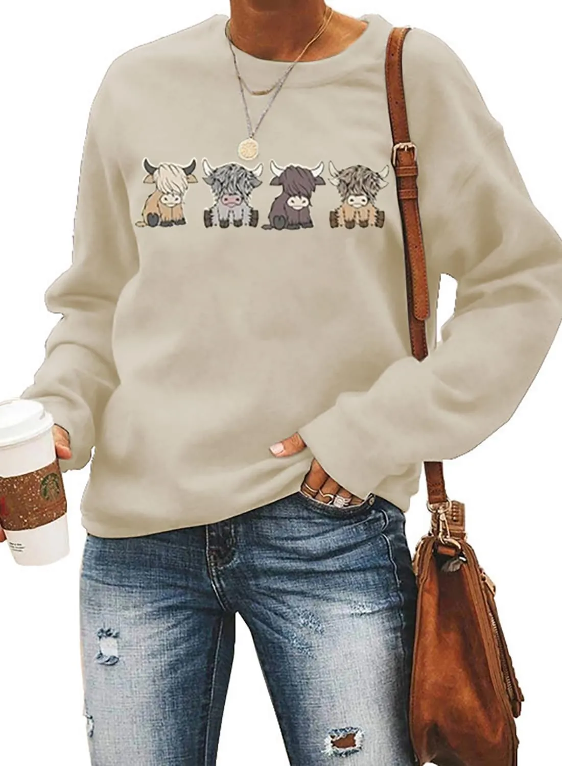 Women Cow Sweatshirt Funny Animal Graphic Long Sleeve Top Farm Life Pullover Western Cowgirl Casual Shirts
