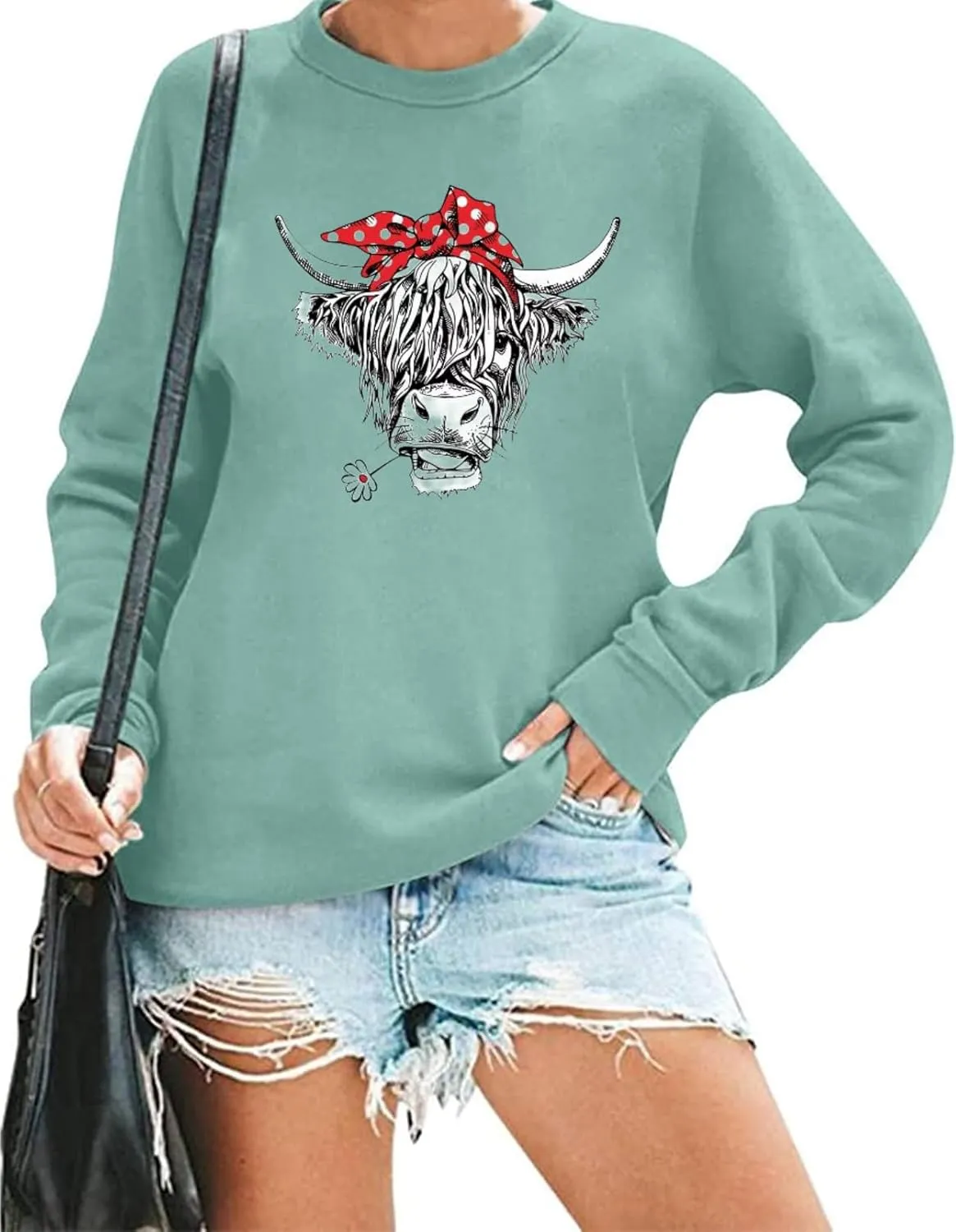 Women Cow Sweatshirt Funny Animal Graphic Long Sleeve Top Farm Life Pullover Western Cowgirl Casual Shirts