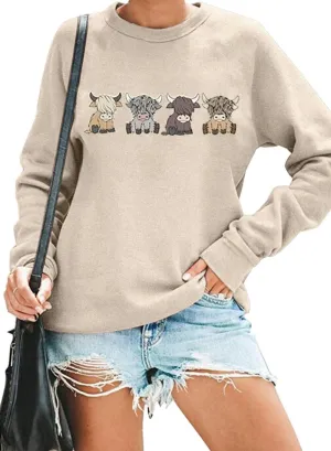 Women Cow Sweatshirt Funny Animal Graphic Long Sleeve Top Farm Life Pullover Western Cowgirl Casual Shirts
