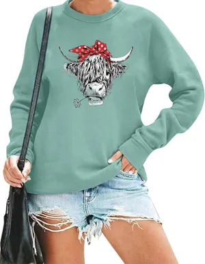 Women Cow Sweatshirt Funny Animal Graphic Long Sleeve Top Farm Life Pullover Western Cowgirl Casual Shirts