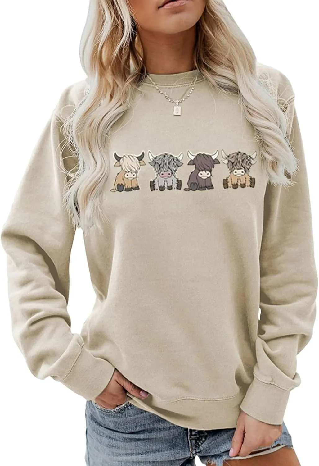 Women Cow Sweatshirt Funny Animal Graphic Long Sleeve Top Farm Life Pullover Western Cowgirl Casual Shirts