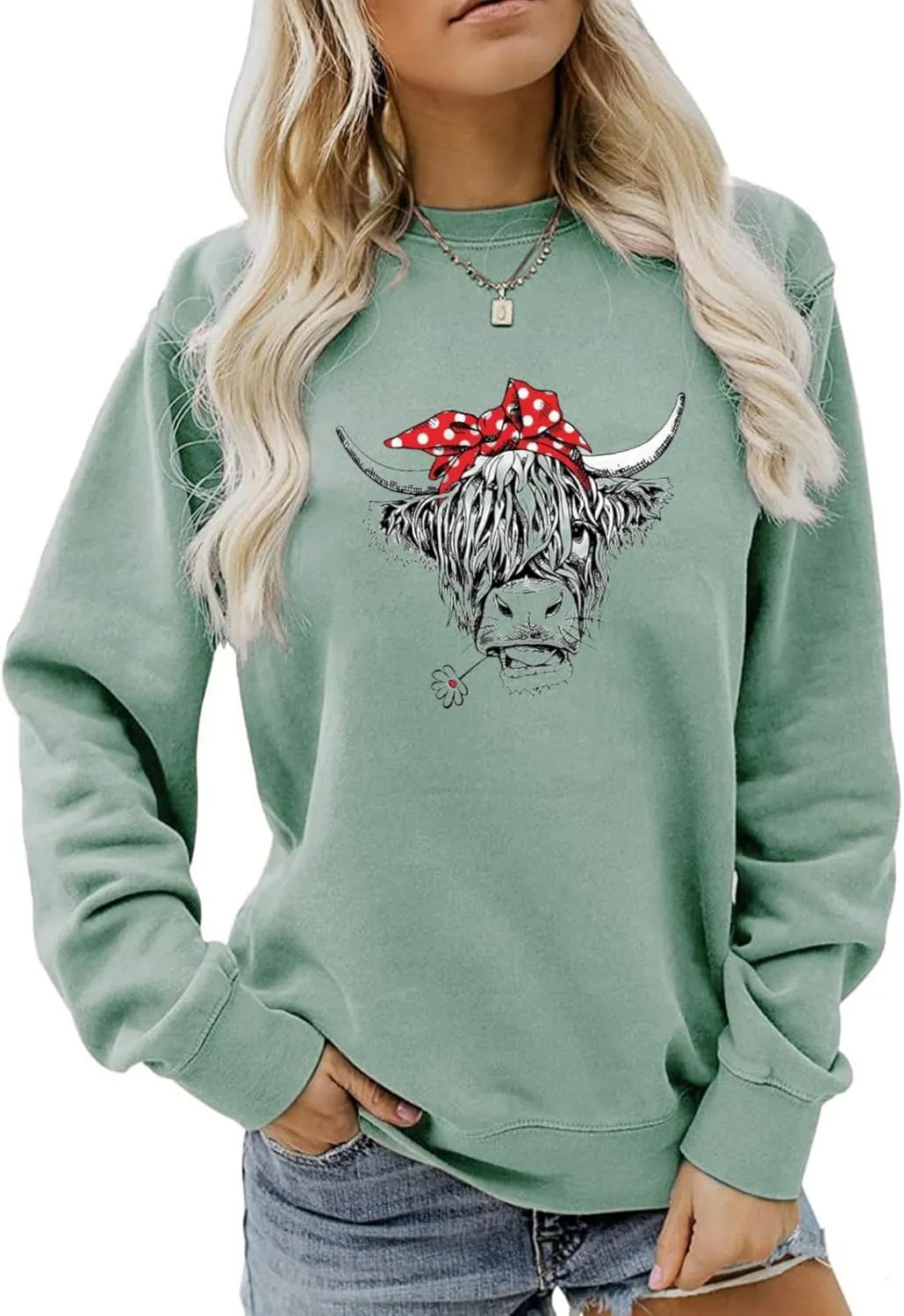 Women Cow Sweatshirt Funny Animal Graphic Long Sleeve Top Farm Life Pullover Western Cowgirl Casual Shirts