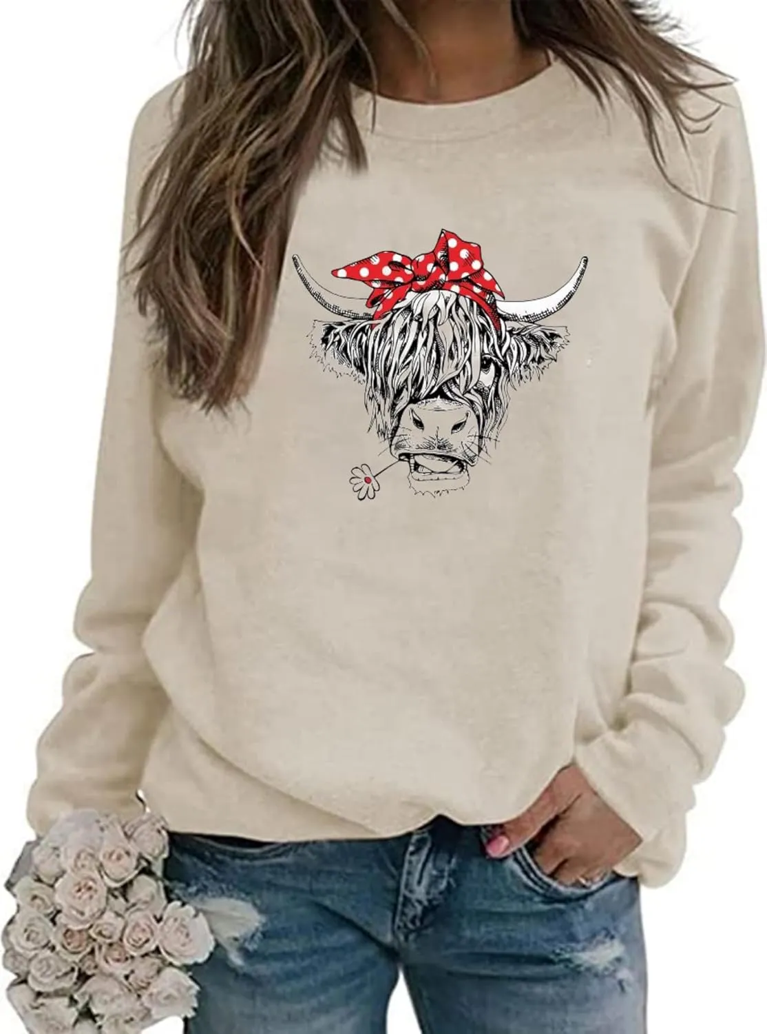 Women Cow Sweatshirt Funny Animal Graphic Long Sleeve Top Farm Life Pullover Western Cowgirl Casual Shirts