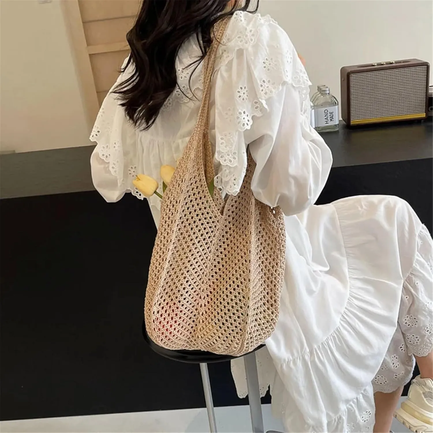 Women Hollow Summer Bag Solid Color Large Capacity Knitted Tote Handbag Ladies Daily Handbag