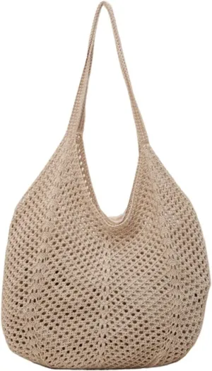 Women Hollow Summer Bag Solid Color Large Capacity Knitted Tote Handbag Ladies Daily Handbag