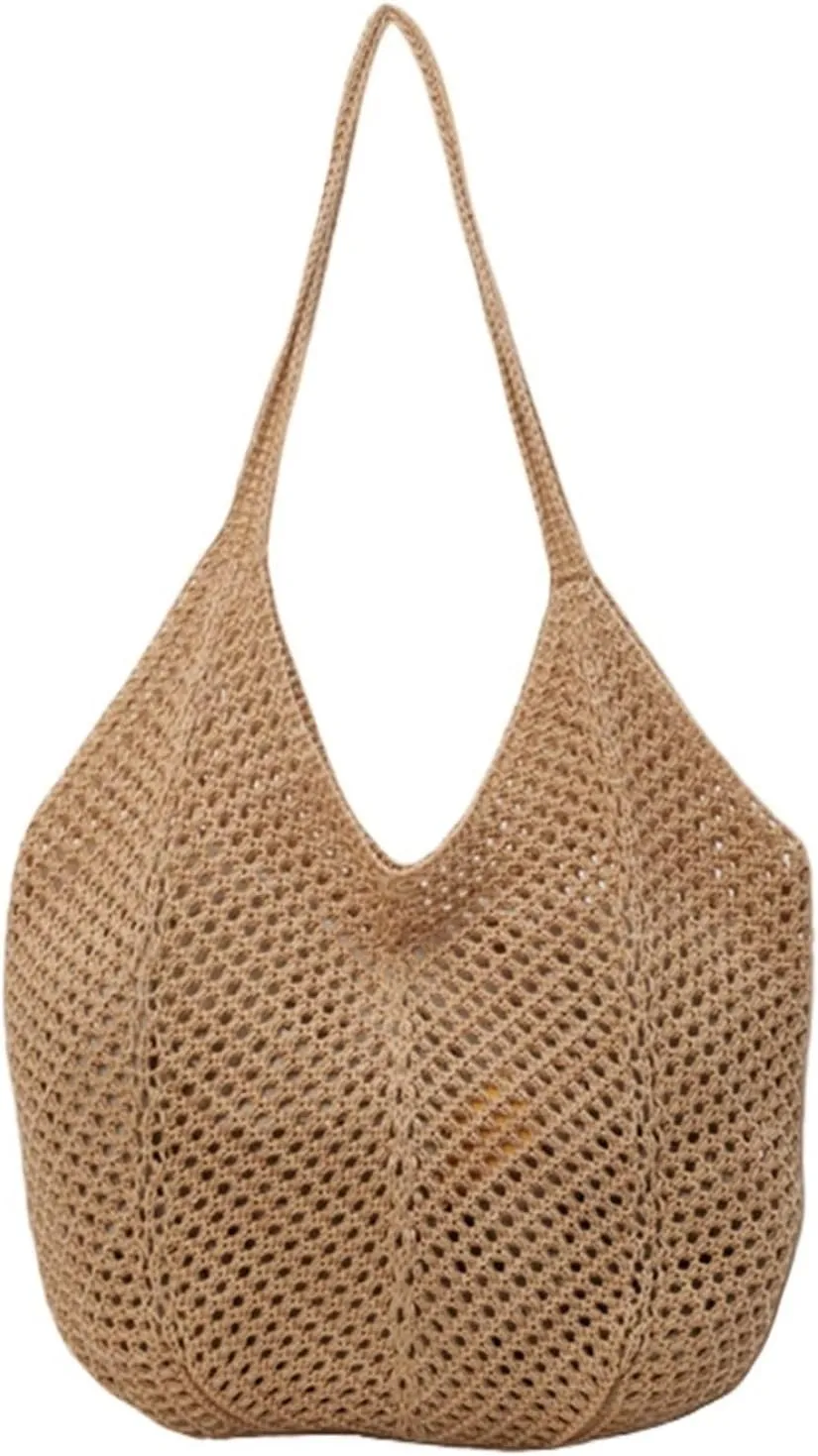 Women Hollow Summer Bag Solid Color Large Capacity Knitted Tote Handbag Ladies Daily Handbag