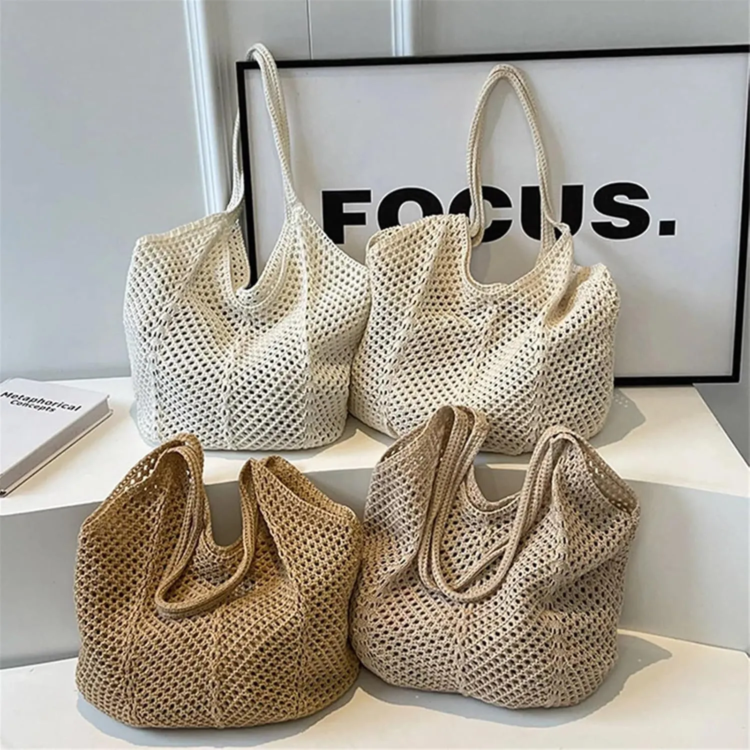 Women Hollow Summer Bag Solid Color Large Capacity Knitted Tote Handbag Ladies Daily Handbag