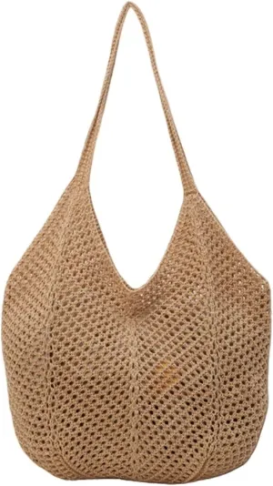 Women Hollow Summer Bag Solid Color Large Capacity Knitted Tote Handbag Ladies Daily Handbag