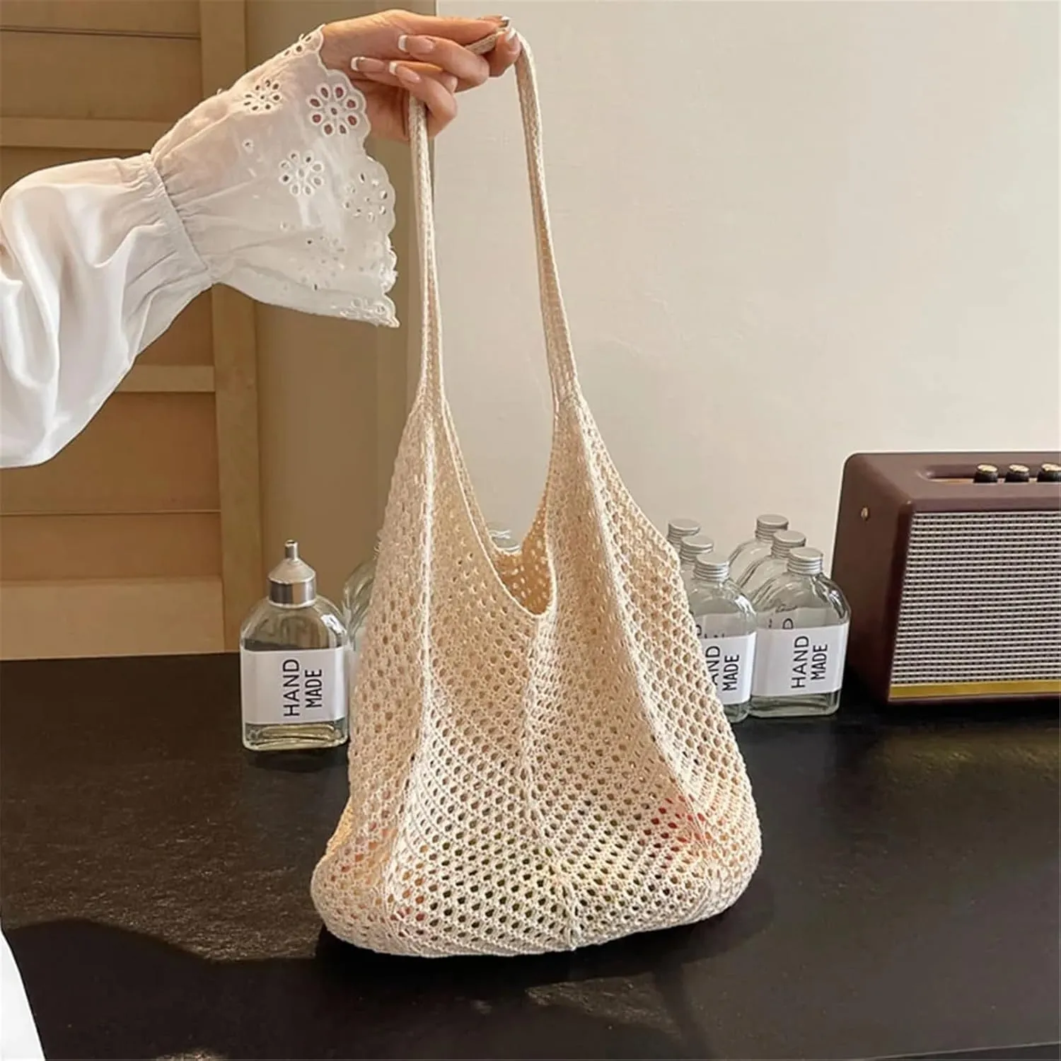 Women Hollow Summer Bag Solid Color Large Capacity Knitted Tote Handbag Ladies Daily Handbag