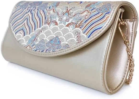 Women Leather Clutch Purses Retro Fashion Shoulder Bag Ethnic Clutch Bag with Chain
