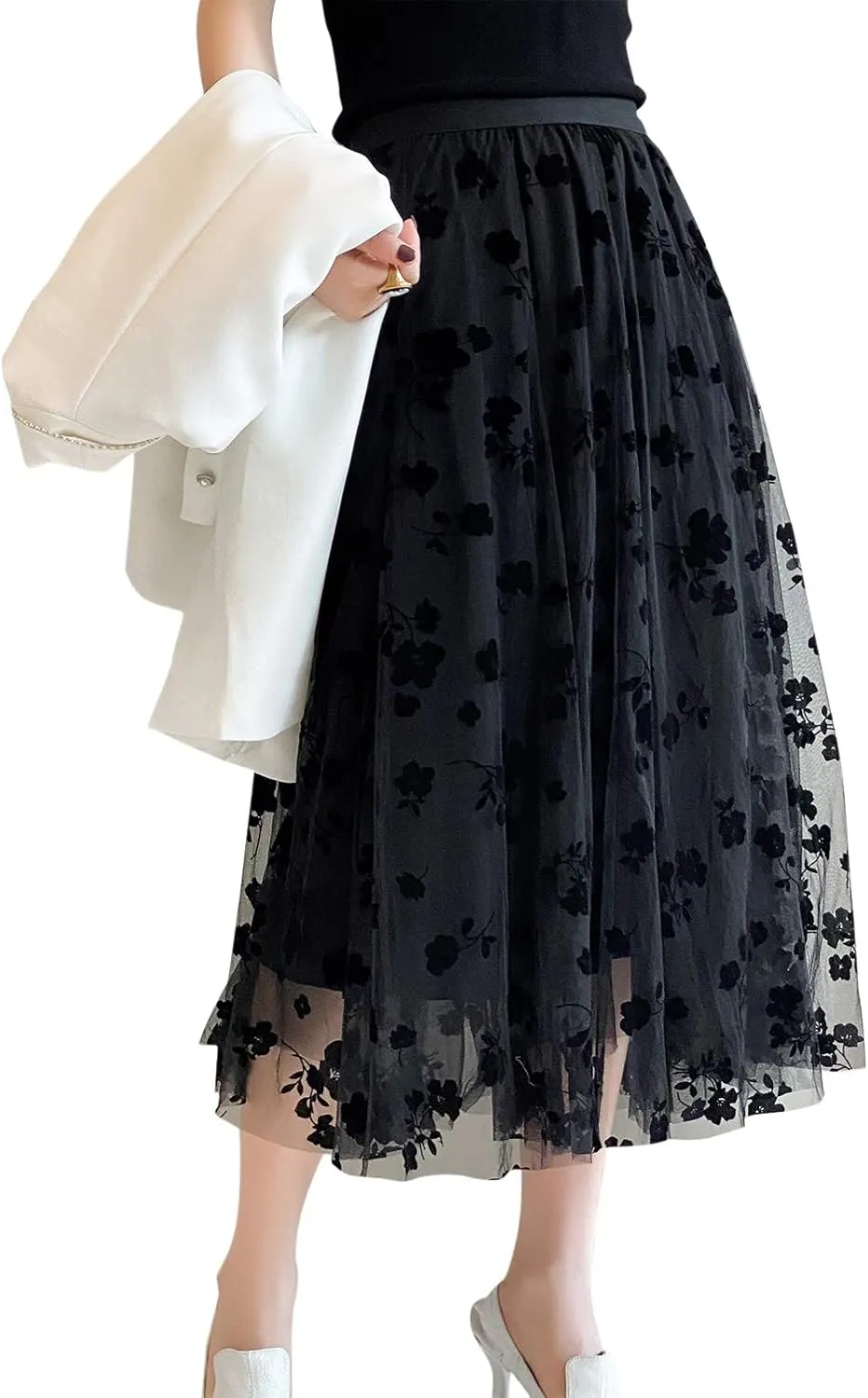 Women Long Tulle Skirt Elastic High Waist Floral Print Layered Mesh Skirts Fashion Party Club A Line Midi Skirt
